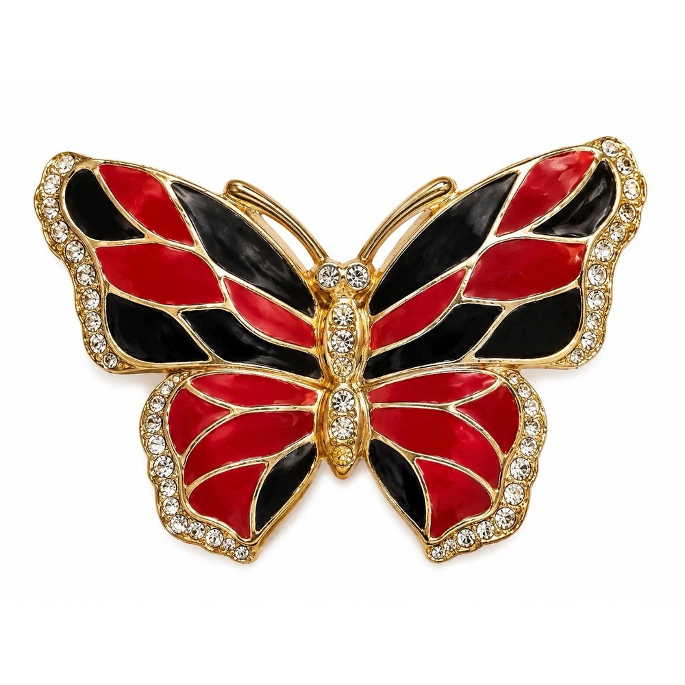 Vintage Butterfly Brooch Red Black Enamel Rhinestone Gold Tone Statement Pin
